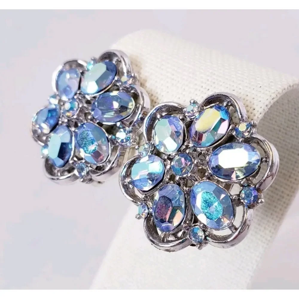 VTG Crown Trifari Aurora Borealis AB Rhinestone Silver Tone Flower Clip Earrings